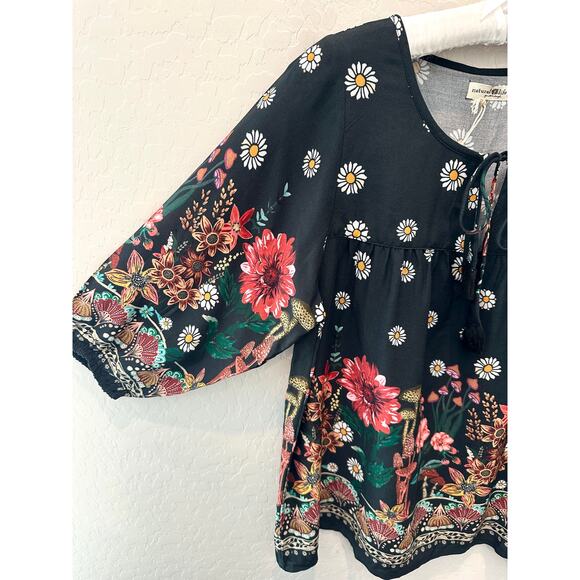 NATURAL LIFE | Maribel Floral Boho Peasant Top Black Daisy Mushroom NWT | Small - Picture 4 of 8